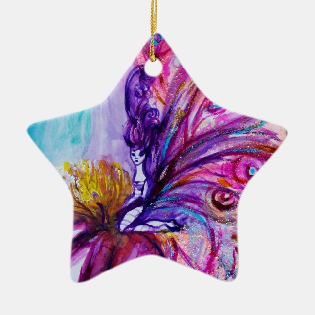 WHIMSICAL CUTE FLOWER FAIRY IN PINK,GOLD SPARKLES CERAMIC ORNAMENT (Front)