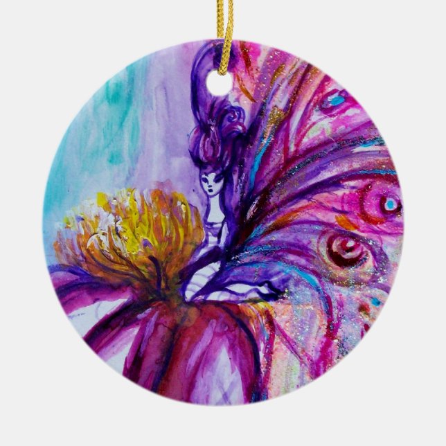 WHIMSICAL CUTE FLOWER FAIRY IN PINK,GOLD SPARKLES CERAMIC ORNAMENT (Front)