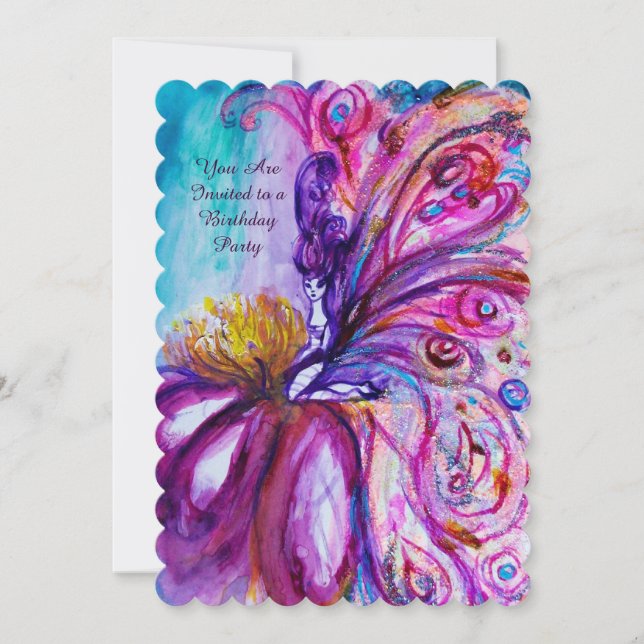 WHIMSICAL CUTE FLOWER FAIRY IN PINK,GOLD SPARKLES INVITATION (Front)