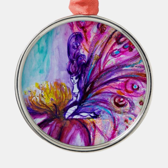 WHIMSICAL CUTE FLOWER FAIRY IN PINK,GOLD SPARKLES METAL ORNAMENT (Front)