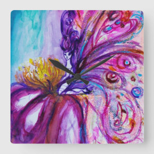 WHIMSICAL CUTE FLOWER FAIRY IN PINK,GOLD SPARKLES SQUARE WALL CLOCK