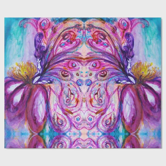WHIMSICAL CUTE FLOWER FAIRY PINK PURPLE BLUE WINGS WRAPPING PAPER (Flat)