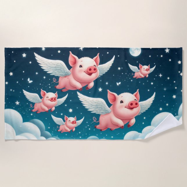 Whimsical Cute Flying Pigs in Starry Night Sky Beach Towel (Front)