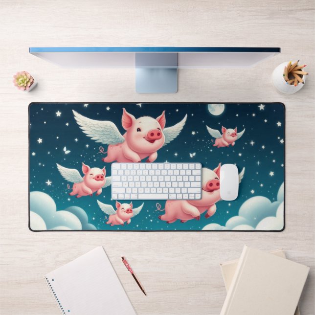 Whimsical Cute Flying Pigs in the Night Sky Desk Mat (Office 1)