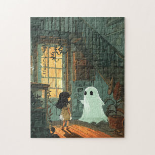 Whimsical Cute Ghost & Girl Storybook Art Jigsaw Puzzle