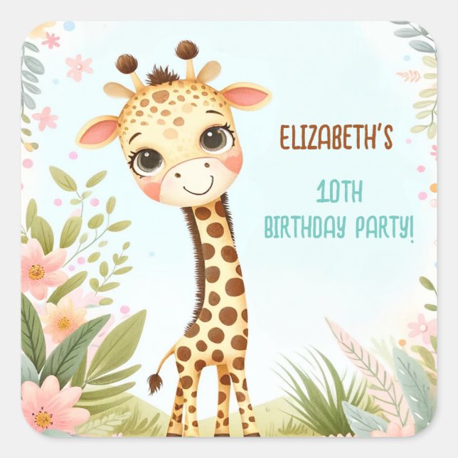 Whimsical Cute Giraffe Birthday Kids Party Square Sticker (Front)