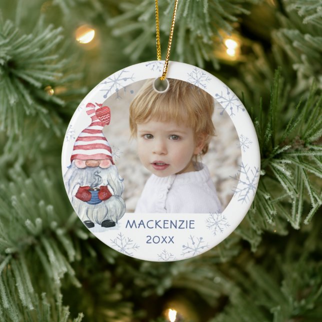 Whimsical Cute Gnome Snowflake Photo Name Year Ceramic Ornament (Tree)
