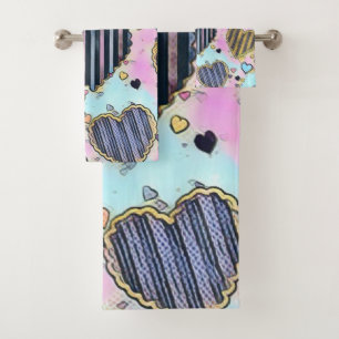 Whimsical cute hearts colourful drawing bath towel set