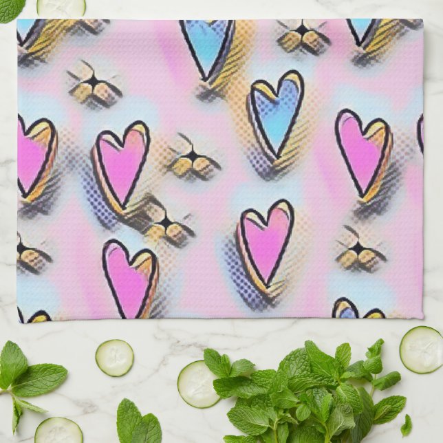 Whimsical cute hearts colourful drawing   kitchen towel (Folded)