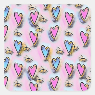 Whimsical cute hearts colourful drawing    square sticker