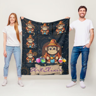 Whimsical Cute Kawaii Wizard Monkey Print Fleece Blanket