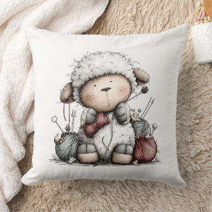 Whimsical Cute Knitting Sheep Throw Pillow