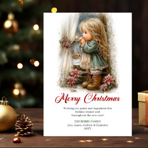 Whimsical Cute Little Girl Winter Scene Greeting Holiday Card