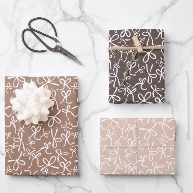 Whimsical Cute Mocha Brown Bows Pattern Girly Gift Wrapping Paper Sheet (Front)