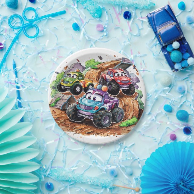 Whimsical Cute Monster Truck Birthday Paper Plate (Party)