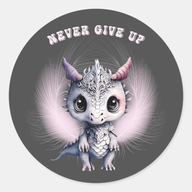 Whimsical Cute "Never Give Up" Feather Dragon  Classic Round Sticker (Front)