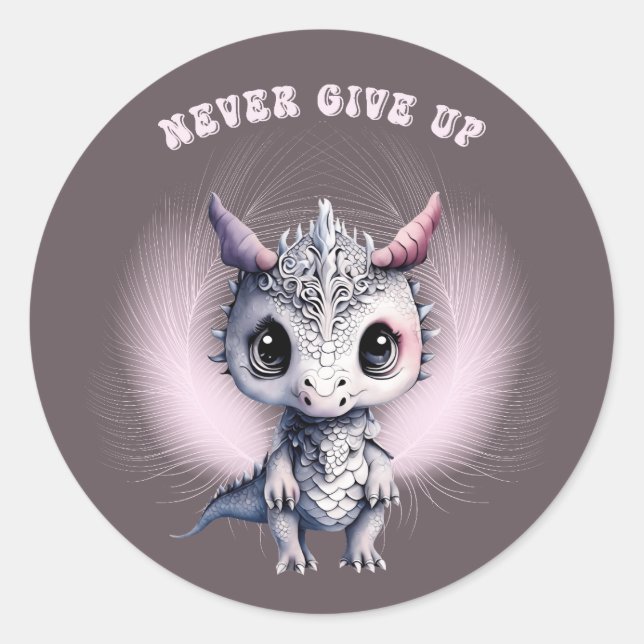 Whimsical Cute "Never Give Up" Feather Dragon  Classic Round Sticker (Front)