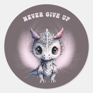 Whimsical Cute "Never Give Up" Feather Dragon  Classic Round Sticker