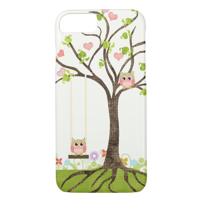 Whimsical Cute Owls Tree of Life Heart Leaf Swirls Case-Mate iPhone Case (Back)