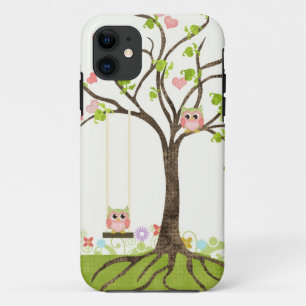 Whimsical Cute Owls Tree of Life Heart Leaf Swirls iPhone 11 Case