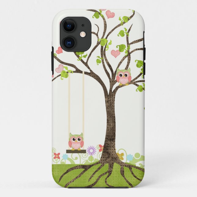 Whimsical Cute Owls Tree of Life Heart Leaf Swirls Case-Mate iPhone Case (Back)