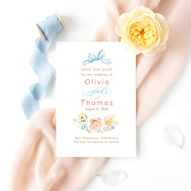 Whimsical Cute Pastel Flowers Bow Save the Date (Quirky Bow Pastel Save The Date Card)