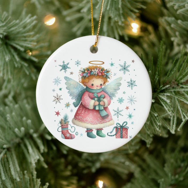 Whimsical Cute Pink and Blue Christmas Angel Ceramic Ornament (Tree)