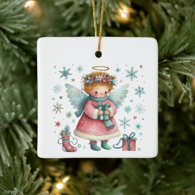 Whimsical Cute Pink and Blue Christmas Angel Ceramic Ornament (Tree)