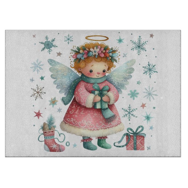 Whimsical Cute Pink and Blue Christmas Angel Cutting Board (Front)