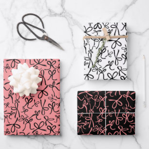 Whimsical Cute Pink Black Bows Pattern Girly Gift Wrapping Paper Sheet