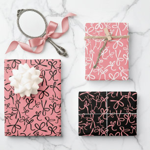 Whimsical Cute Pink Black Bows Pattern Girly Gift Wrapping Paper Sheet