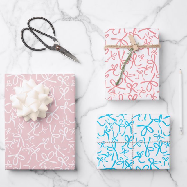 Whimsical Cute Pink Blue Bows Pattern Girly Gift Wrapping Paper Sheet (Front)
