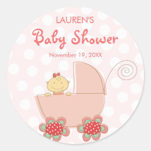 Whimsical Cute Pink Pram Girl Baby Shower Stickers