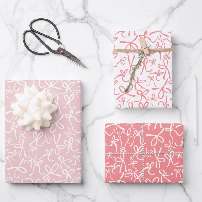 Whimsical Cute Pink White Bows Pattern Girly Gift Wrapping Paper Sheet (Front)