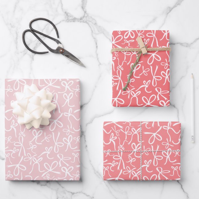 Whimsical Cute Pink White Bows Pattern Girly Gift Wrapping Paper Sheet (Front)