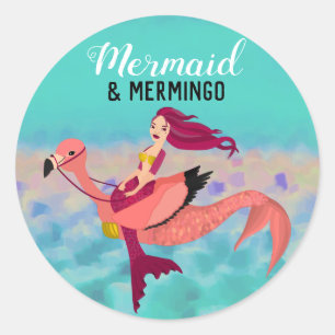 Whimsical Cute Purple Mermaid & Pink Mermingo Classic Round Sticker