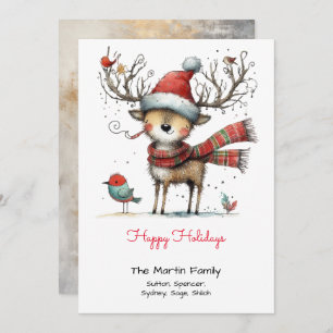 Whimsical Cute Reindeer in a Santa Hat Happy  Holiday Card