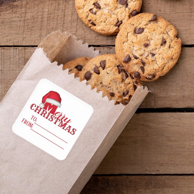 Whimsical Cute Santa Claus Funny Christmas to from Square Sticker (Merry Christmas to and from Santa hat stickers. )