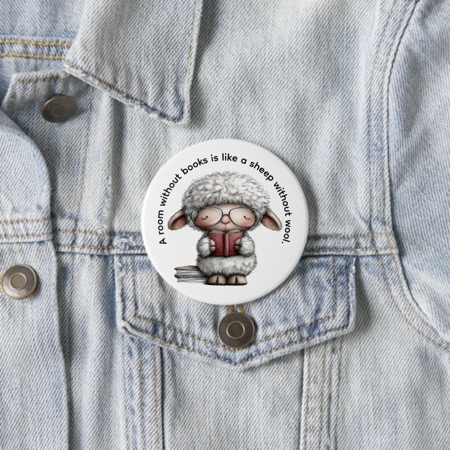 Whimsical Cute Sheep Reading a Book 3 Inch Round Button (In Situ)