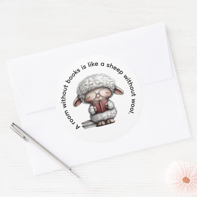 Whimsical Cute Sheep Reading a Book Classic Round Sticker (Envelope)