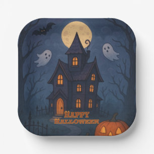 Whimsical Cute Spooky Haunted House   Halloween -  Paper Plate