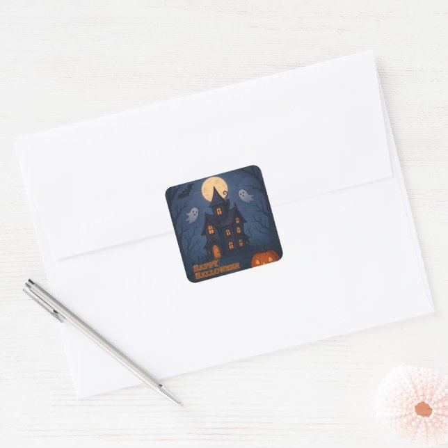 Whimsical Cute Spooky Haunted House | Halloween -  Square Sticker (Envelope)