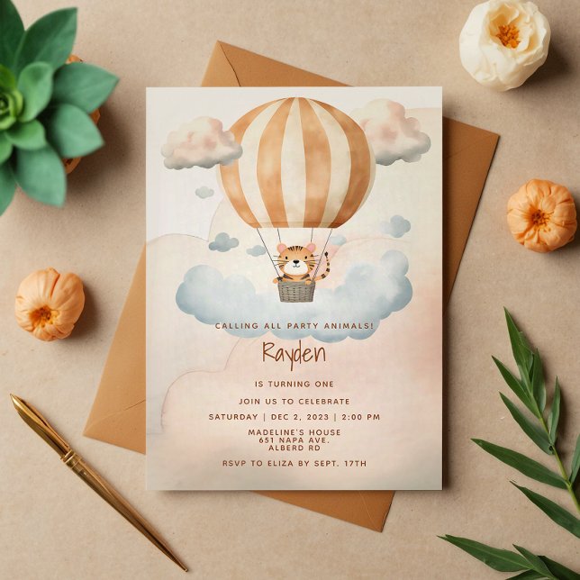 Whimsical Cute Tiger Hot Air balloon 1st Birthday  Invitation (Creator Uploaded)