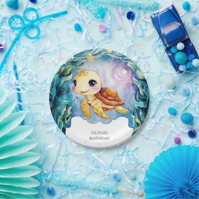 Whimsical Cute Underwater Turtle Birthday Paper Plate (Party)