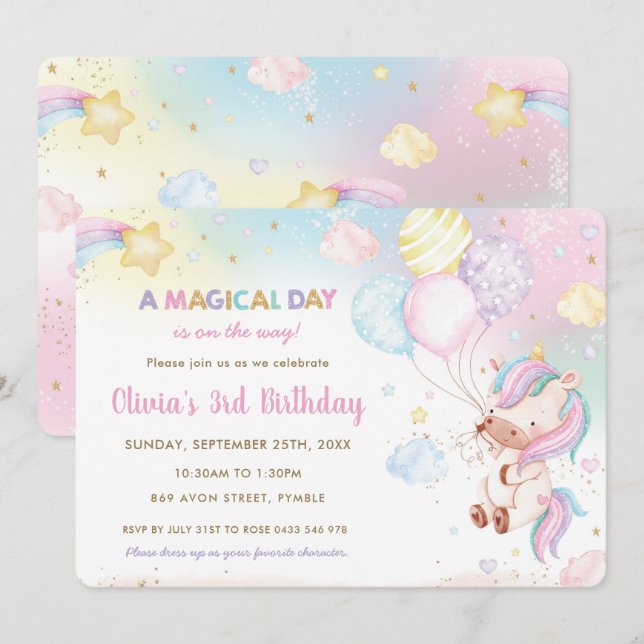 Whimsical Cute Unicorn Balloons Rainbow Birthday  Invitation (Front/Back)