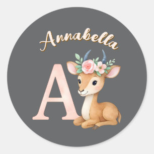Whimsical Cute Watercolor Letter A Animal Nursery  Classic Round Sticker