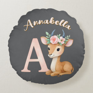 Whimsical Cute Watercolor Letter A Animal Nursery Round Pillow
