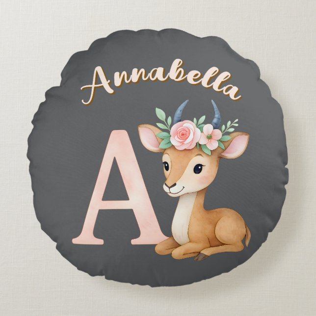 Whimsical Cute Watercolor Letter A Animal Nursery  Round Pillow (Front)