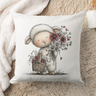 Whimsical Cute Watercolor Sheep Throw Pillow