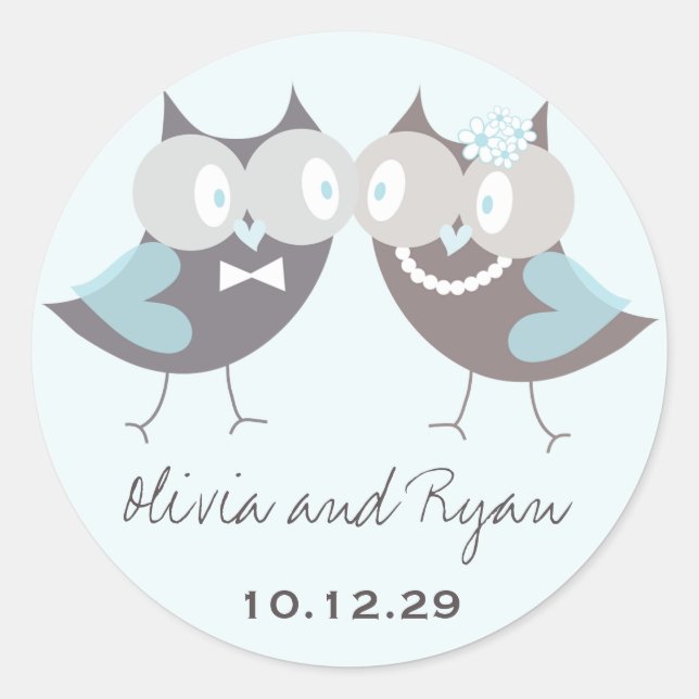 Whimsical Cute Wedding Brown Blue Owls Favour Classic Round Sticker (Front)